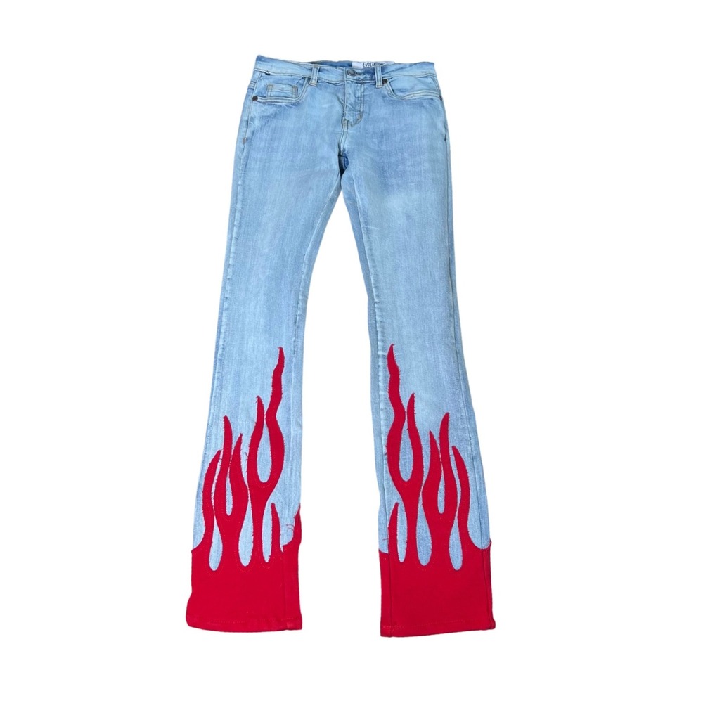 Evolution In Design Stacked Flame Jeans Light Wash Red Graphic Size 14 C-330113K